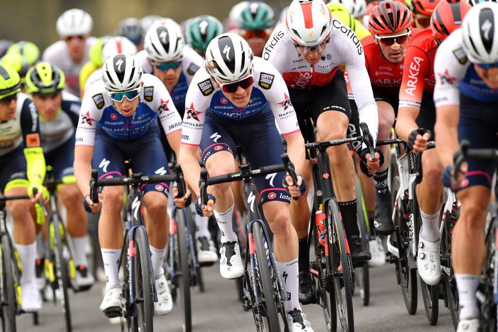 NOKERE BELGIUM MARCH 16 Mauro Schmid of Switzerland and Team QuickStep Alpha Vinyl competes during the 76th Danilith Nokere Koerse 2022 Mens Elite a 1898km one day race from Deinze to Nokere NokereKoerse DNK22 on March 16 2022 in Nokere Belgium Photo by Luc ClaessenGetty Images