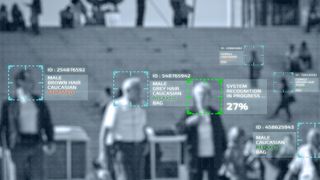 A piece of facial recognition software analysing a crowd