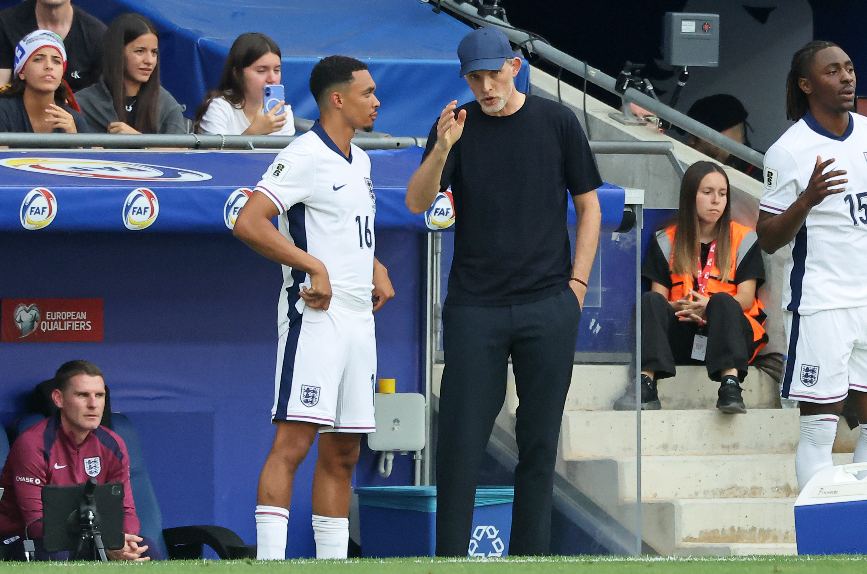 Trent Alexander-Arnold and Thomas Tuchel are present during the match between the national teams of Andorra and England, corresponding to Matchday 3 A of Group K of the World Cup Qualifying, at the RCDE Stadium in Barcelona, Spain, on June 7, 2025. (Photo by Joan Valls/Urbanandsport/NurPhoto)