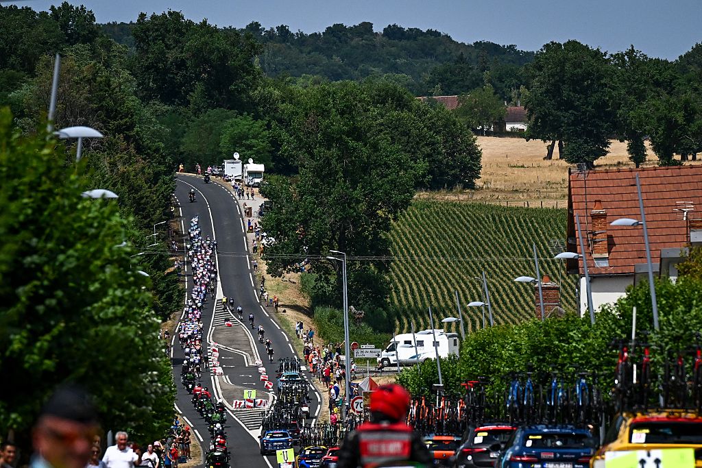 The pack of riders pictured in action during the stage 11 of the 2026 Tour de France cycling race, a stage of 161km from Vichy to Nevers, on Wednesday 15 July 2026. The 113th edition of the Tour de France starts on Saturday 4 July in Barcelona, Spain, and will finish in Paris, France on the 26th of July. BELGA PHOTO POOL LUCA BETTINI (Photo by POOL LUCA BETTINI / BELGA MAG / Belga via AFP)