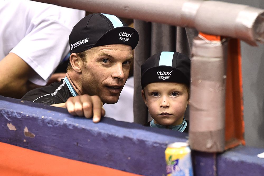 Iljo Keisse and his 6-year-old son.