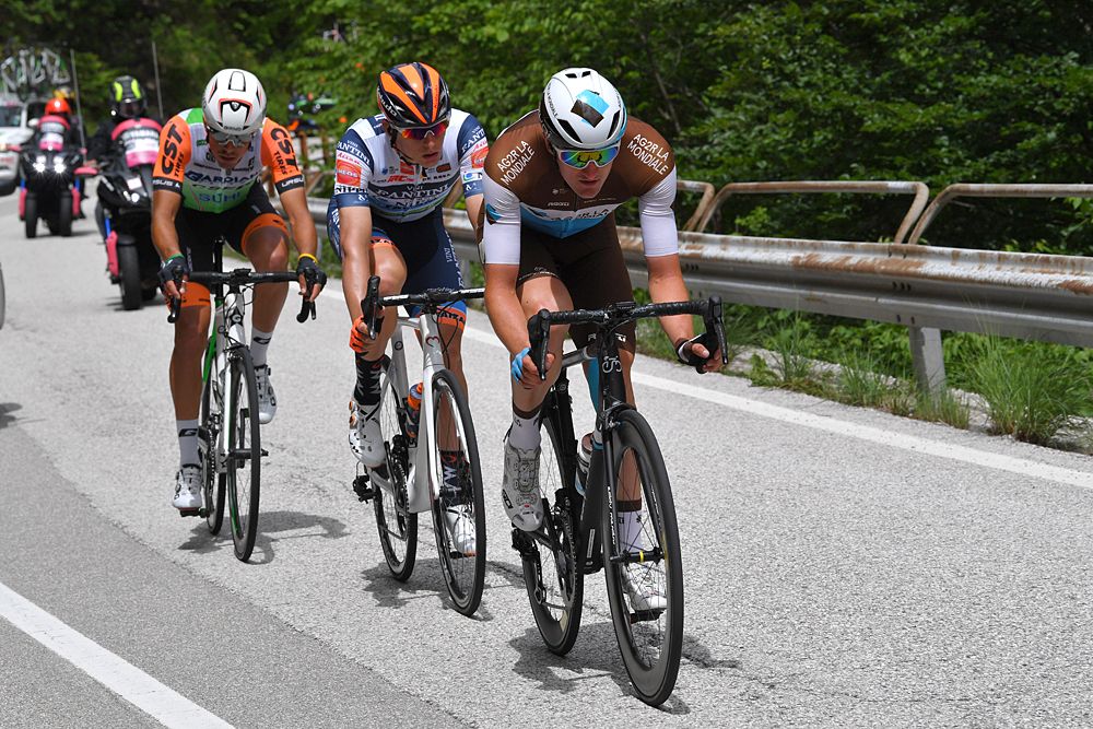 GIro d'Italia stage 18 breakaway: Nico Denz of Germany and Team AG2R La Mondiale / Mirco Maestri of Italy and Team Bardiani CSF / Damiano Cima of Italy and Team Nippo Vini Fantini - Faizane