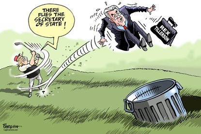 Political cartoon U.S. Trump Rex Tillerson firing golf