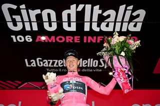 LAGO LACENOBAGNOLI IRPINO ITALY MAY 09 Andreas Leknessund of Norway and Team DSM celebrates at podium as Pink Leader Jersey winner during the 106th Giro dItalia 2023 Stage 4 a 175km stage from Venosa to Lago Laceno 1059m Bagnoli Irpino UCIWT on May 09 2023 in Bagnoli Irpino Italy Photo by Stuart FranklinGetty Images