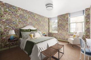 bedroom with botanical wallpaper