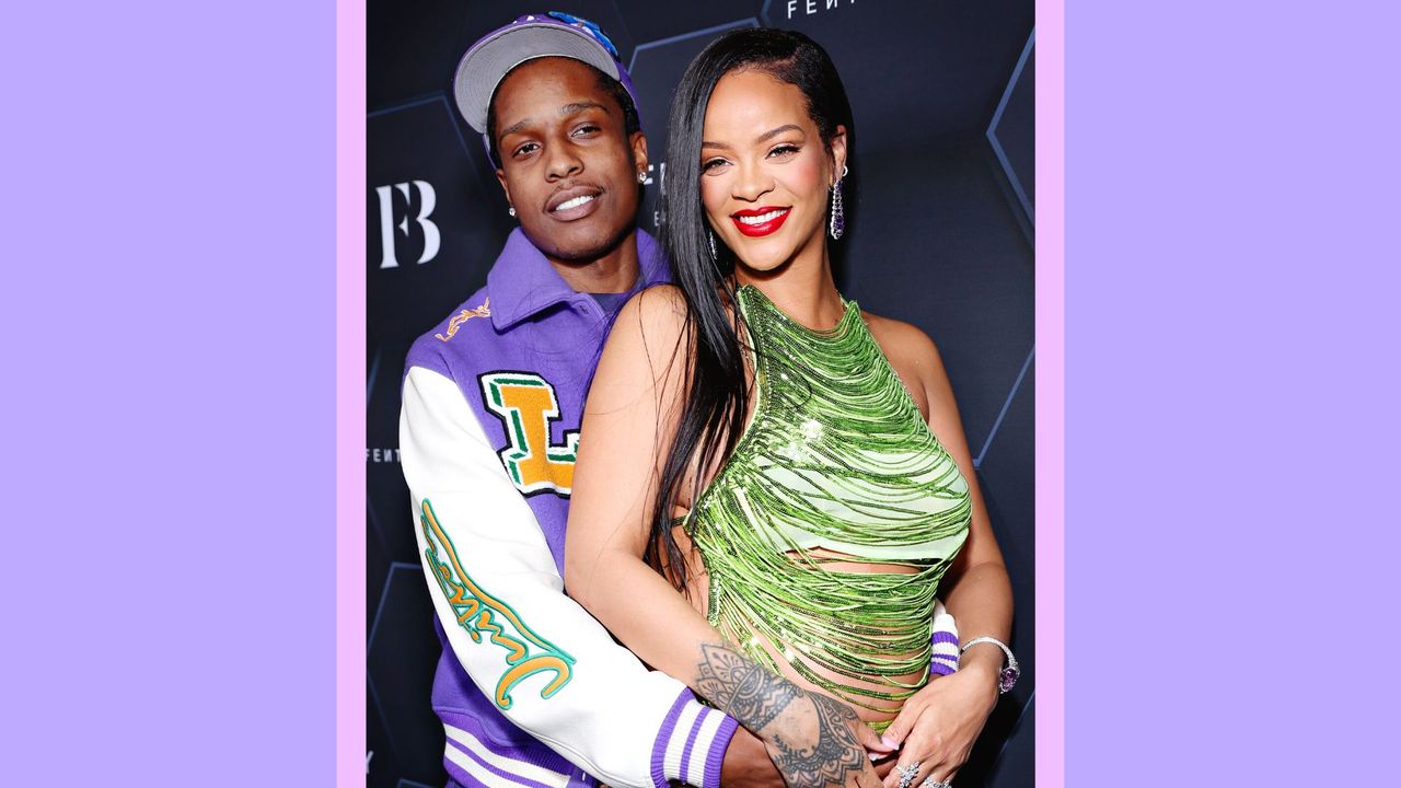 Rihanna and A$AP hug as they pose together with, with Rihanna wearing a green glittery top and A$AP Rocky wearing purple jacket and hat, as they celebrate celebrate Fenty Beauty &amp; Fenty Skin at Goya Studios on February 11, 2022 in Los Angeles/ in a purple template