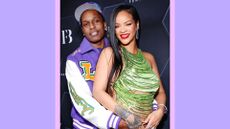 Rihanna and A$AP hug as they pose together with, with Rihanna wearing a green glittery top and A$AP Rocky wearing purple jacket and hat, as they celebrate celebrate Fenty Beauty & Fenty Skin at Goya Studios on February 11, 2022 in Los Angeles/ in a purple template