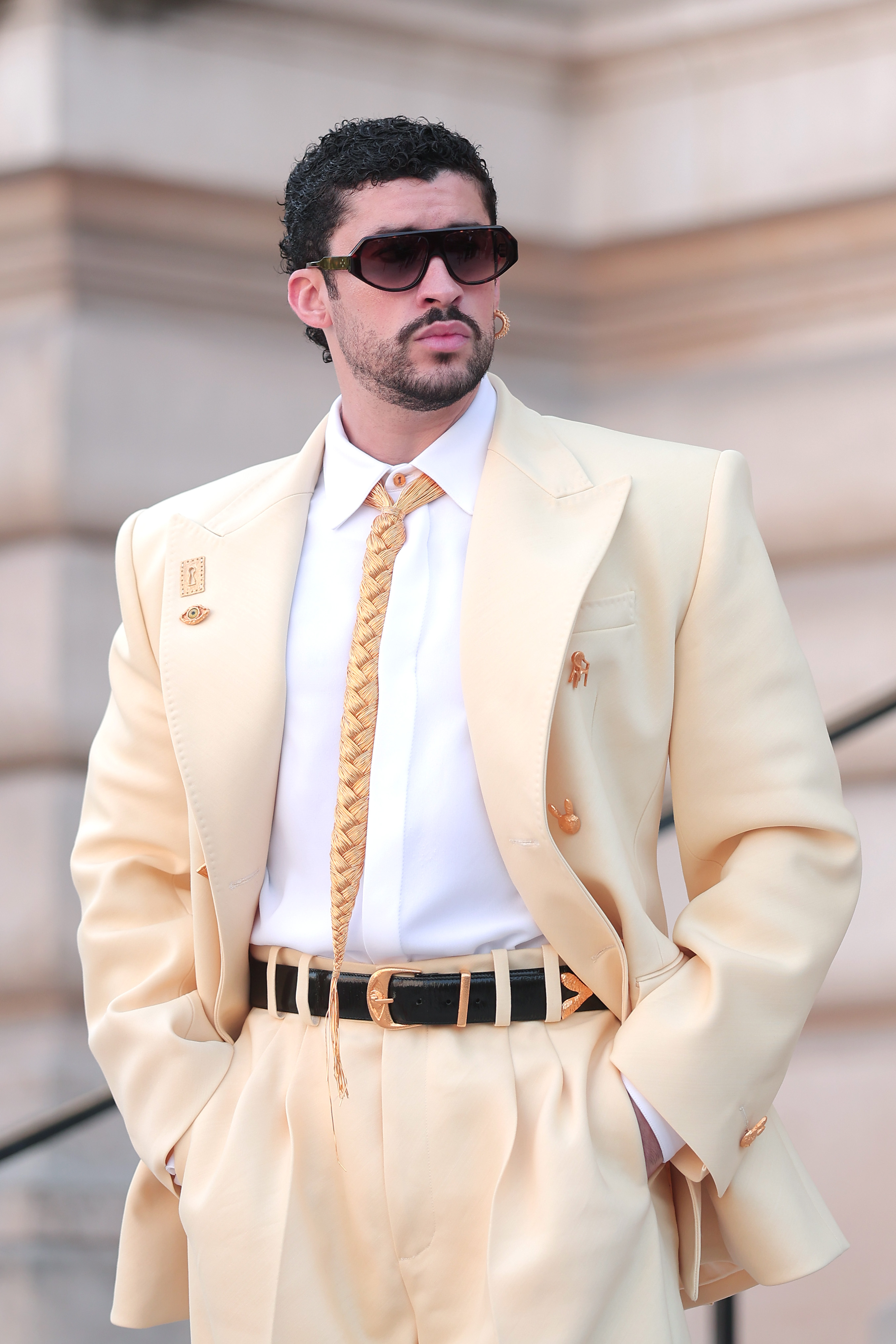 An image of Bad Bunny at the Schiaparelli Haute Couture FW26 show.