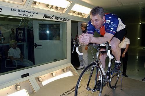 Lemond practices the aero position without the aero bars.