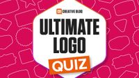 Ultimate logo quiz text on a red background with shapes on it