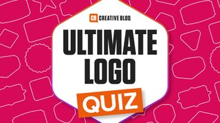 Ultimate logo quiz text on a red background with shapes on it