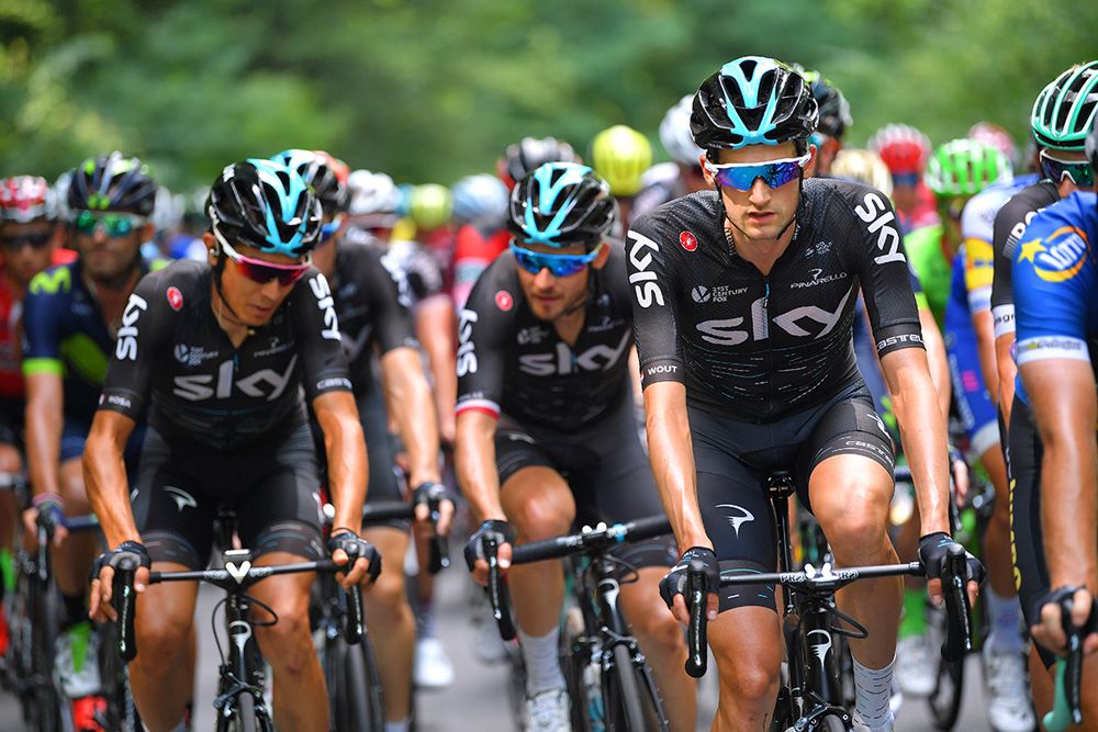 Team Sky plan their lead out for the finale