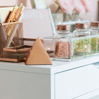 glass jar with copper cap copper prism and pen pencil holder