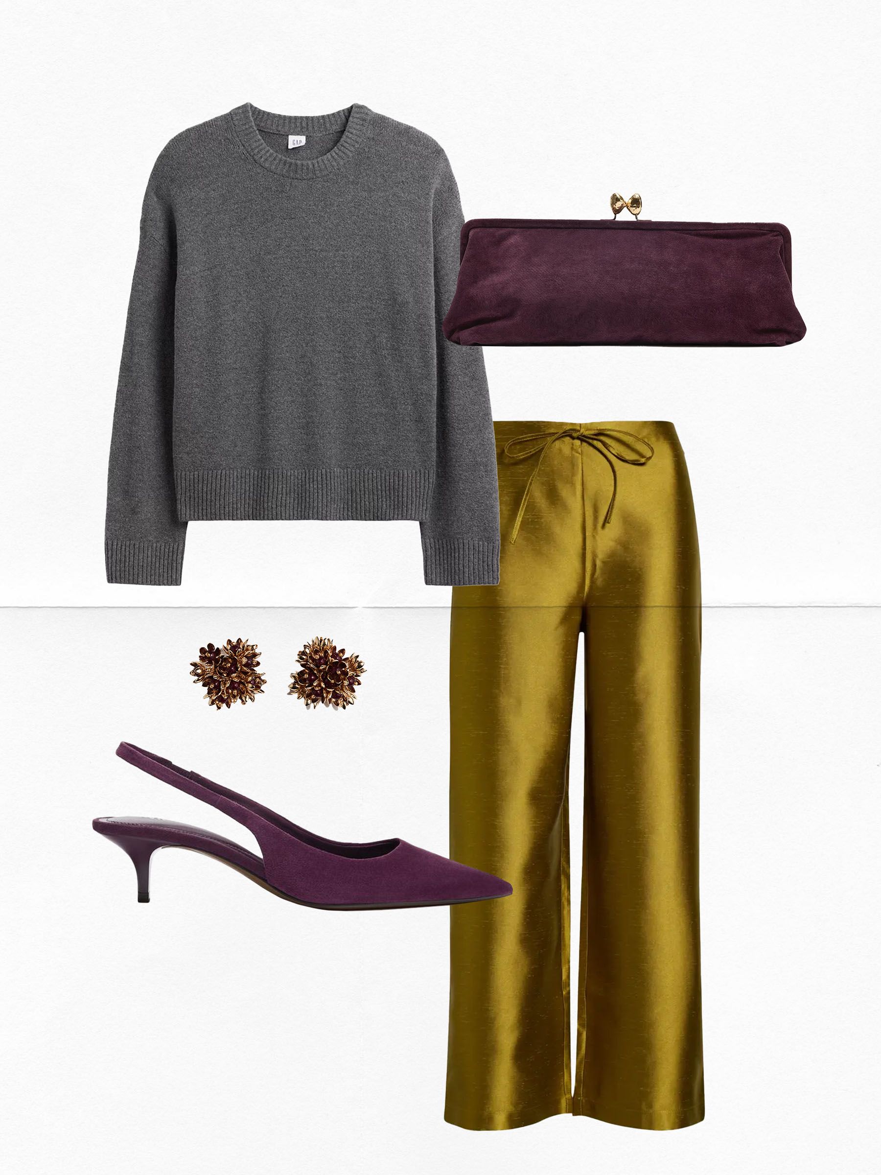 Collage of fashion items creating a fall outfit.