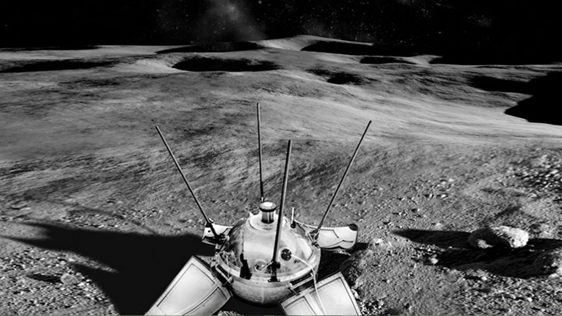 image of a spherical spacecraft with four long straight antennas on the surface of the moon