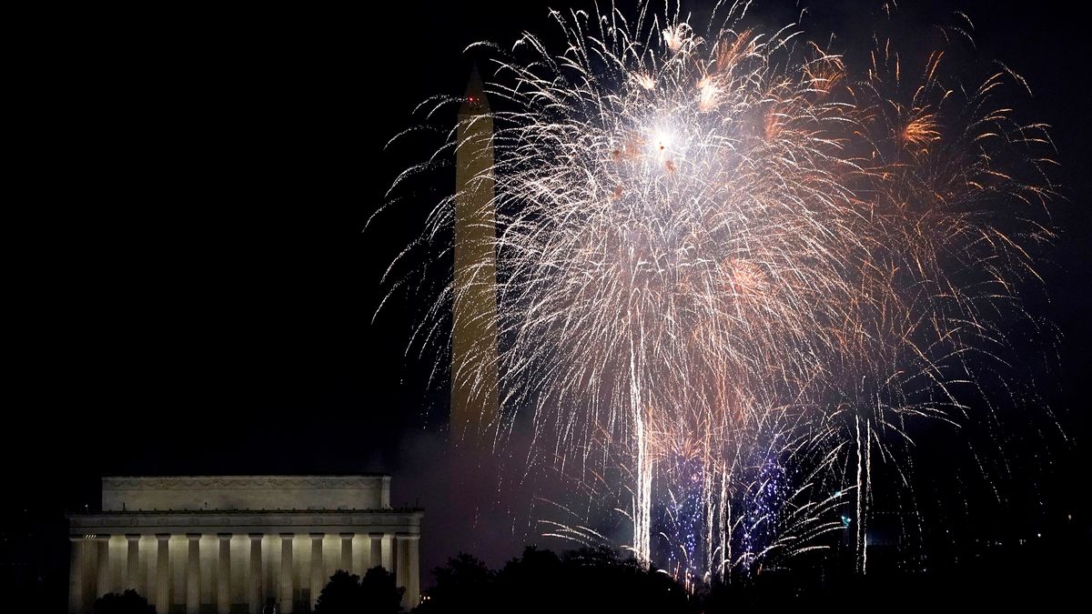 Fireworks display over the National Mall at the conclusion of the &quot;Celebrating America&quot; event at the Lincoln Memorial after the inauguration of Joe Biden as the 46th President of the United States in Washington, DC, Jan. 20, 2021.