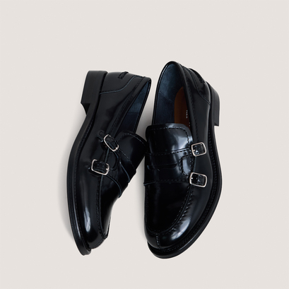Jonak Women Buckled Loafers in Glazed Black Leather | Denora