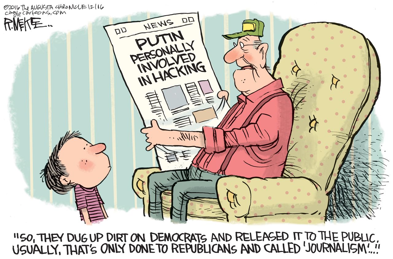 Political cartoon U.S. Democrats Putin hacking media