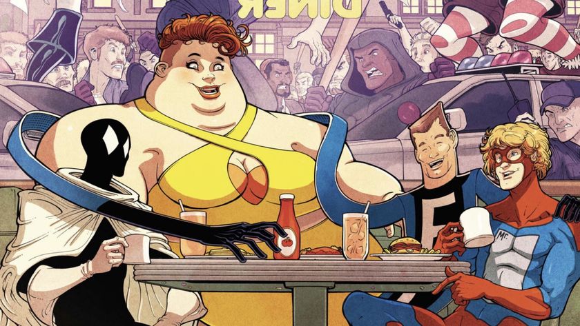The Great Lakes Avengers sitting around a table in a diner