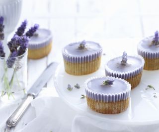 Lavender flowers on small purple cakes