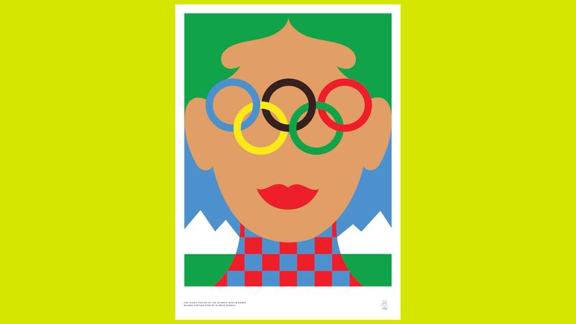 Olympic poster showing a woman with olympic rings as glasses and mountains in the background on a yellow background