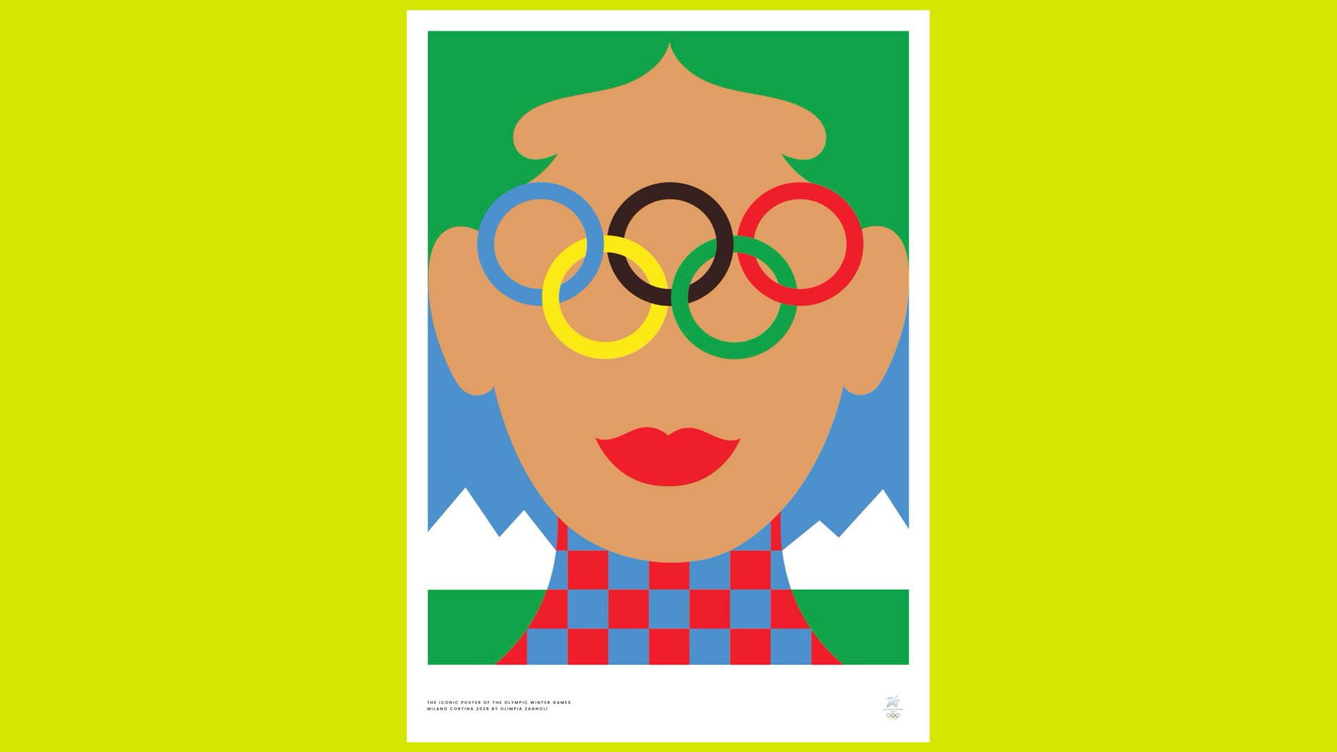 Olympic poster showing a woman with olympic rings as glasses and mountains in the background on a yellow background