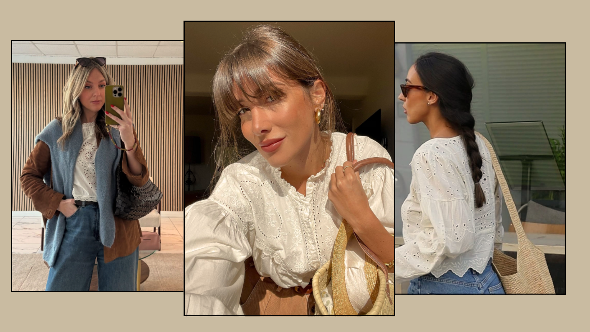Three influencers wearing white embroidered blouses