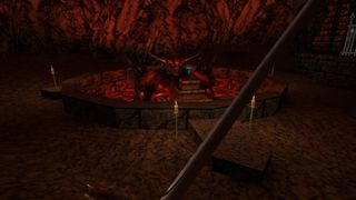 A red room in Daikatana with player weapon drawn