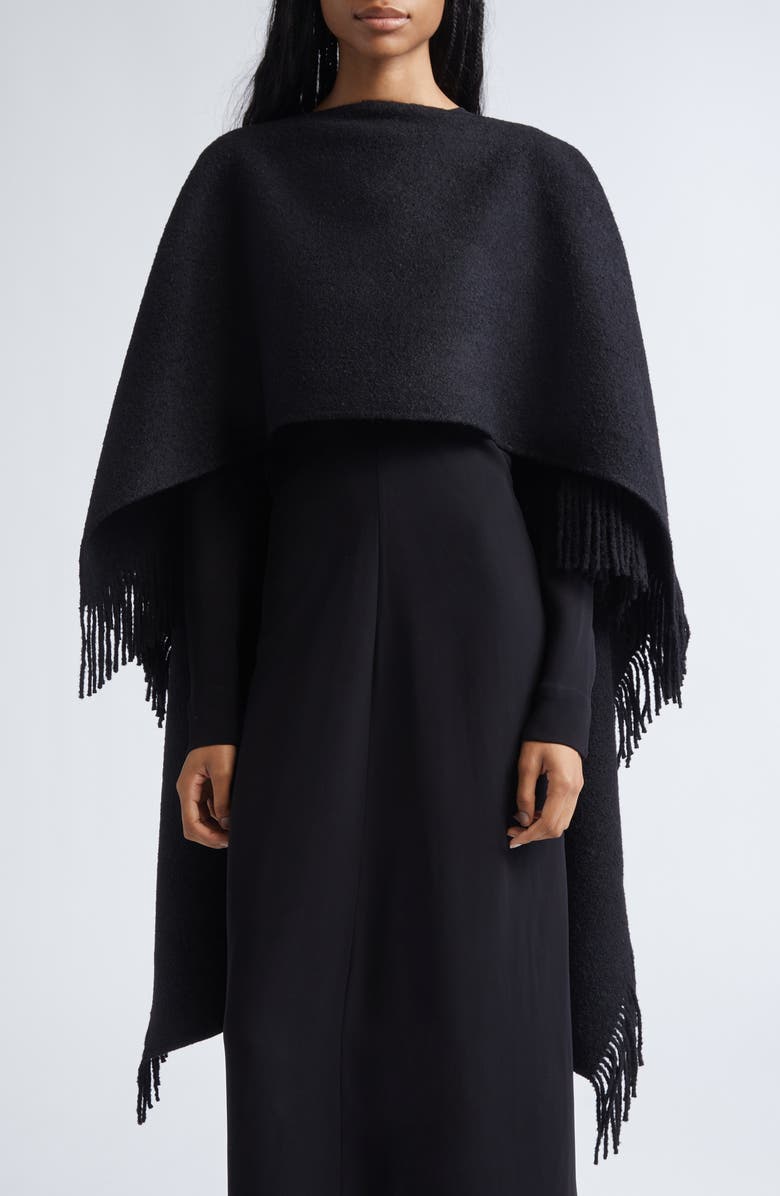 Fringe High-Low Wool Blend Poncho