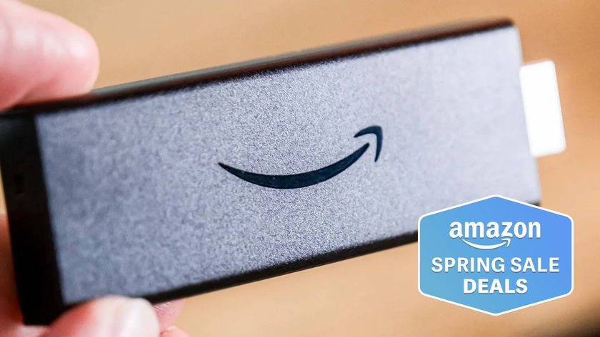 An Amazon Fire TV Stick HD with a Tom&#039;s Guide Amazon Spring Sale Deals tag