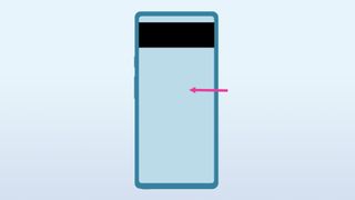 Outline of a Google Pixel 6 on a blue background, showing pink arrows pointing at the rear of the phone