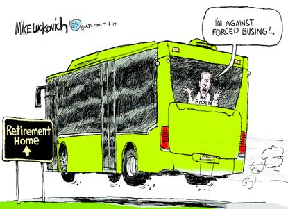 Political Cartoon U.S. Joe Biden Kamala Harris Busing Segregation Retirement Home