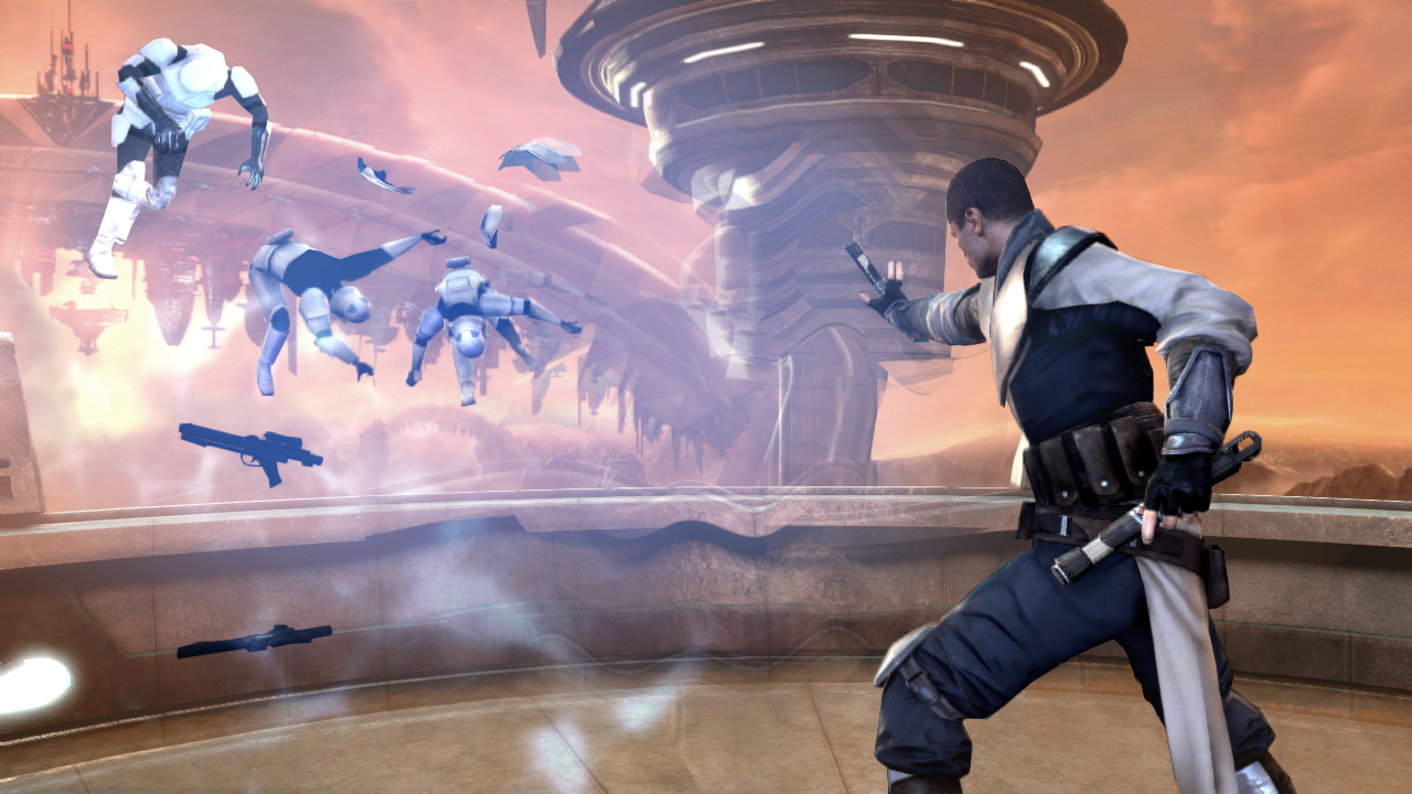 Stormtroopers being blasted into the air by Starkiller in Star Wars: The Force Unleashed.