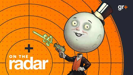 The On The Radar hub header image for The Outer Worlds 2, showing a moon-head character with a hat blasting a ray gun