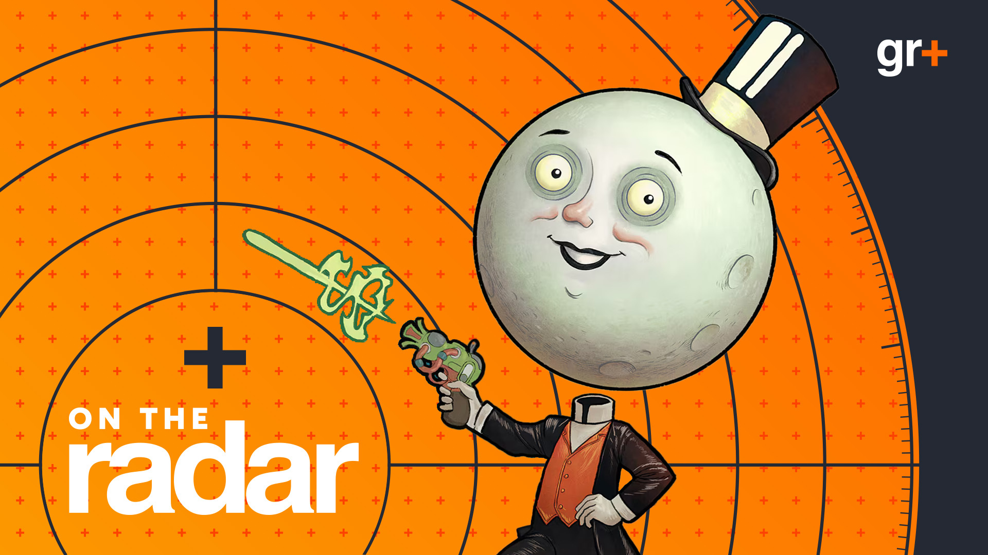 The On The Radar hub header image for The Outer Worlds 2, showing a moon-head character with a hat blasting a ray gun