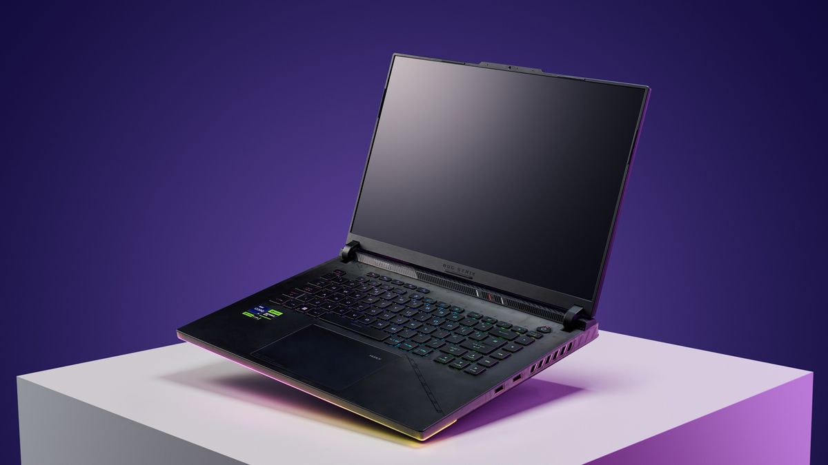 The Asus ROG Strix 16 three quarter angle.
