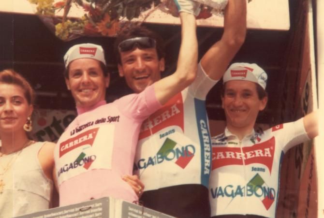 Roche celebrates victory in the team time trial with his Carrera teammates