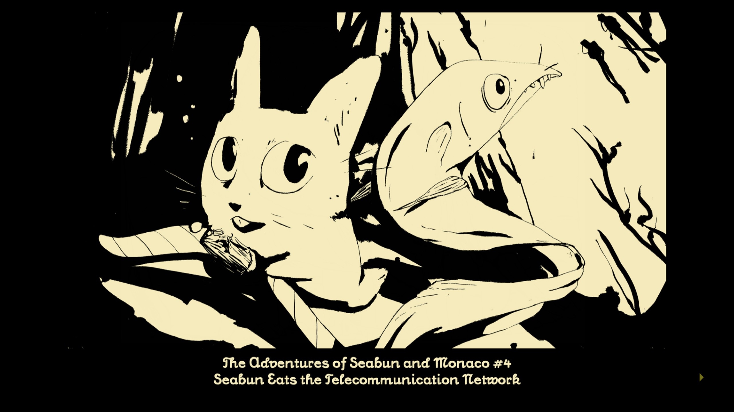 Seabun and fish friend on adventure in black and white