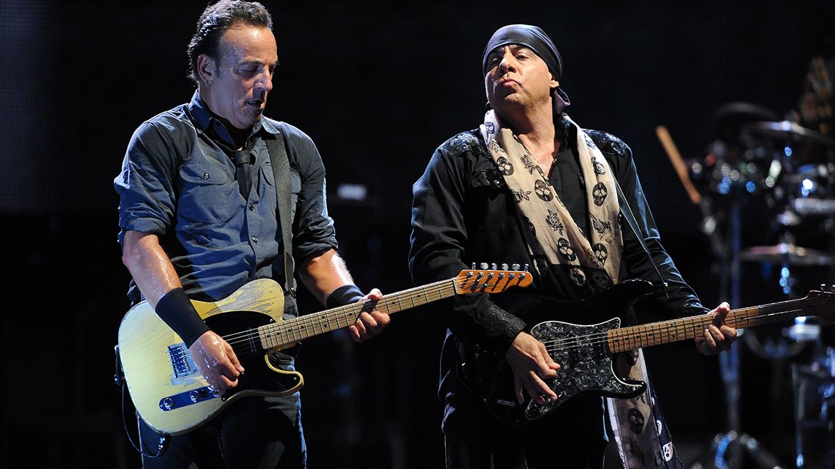 American singer and guitarist Bruce Springsteen performs live during a concert at the Rock festival in Rome, at the Capannelle Hippodrome. At his side, the historic American guitarist Steven Van Zandt, also known as Little Steven. Rome (Italy), July 11th, 2013