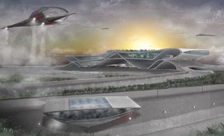 Futuristic picture of airport with jet plane flying over