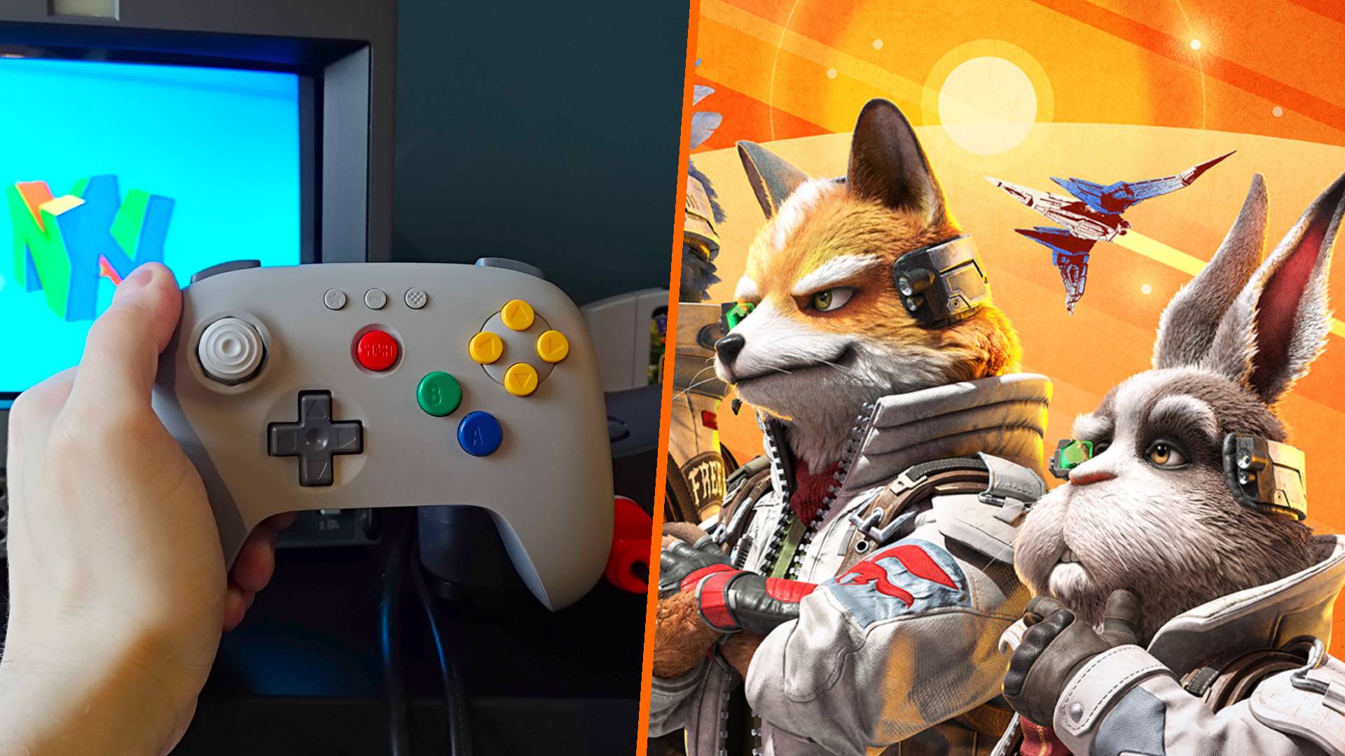 Hand holding gray 8Bitdo N64 controller on left and Star Fox for Switch 2 official artwork on right with Fox and Peppy looking to left.