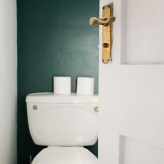 small green bathroom with white toilet and a door that is very close to the toilet