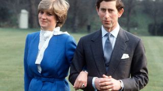 LONDON, UNITED KINGDOM - FEBRUARY 24: Lady Diana Spencer With Prince Charles In The Gardens Of Buckingham Palace On The Day They Announced Their Engagement. ++ Dress Reported As Designed By Cojana And Bought From Harrods