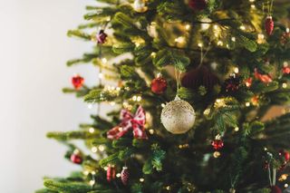 A luxury Christmas tree decorated with red and gold ornaments.