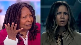 Whoopi Goldberg speaks on The View, while Jocinda Fowler (Halle Berry) on Moonfall