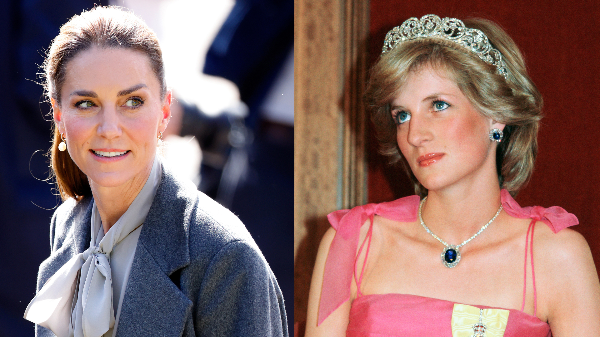 A split image of Princess Kate wearing a gray coat and Princess Diana in a pink dress and tiara