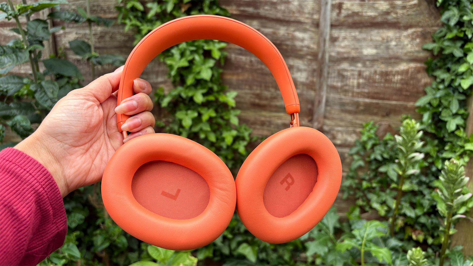 JBL Live 780NC wireless headphones held in hand in front of fence showing inner earcups