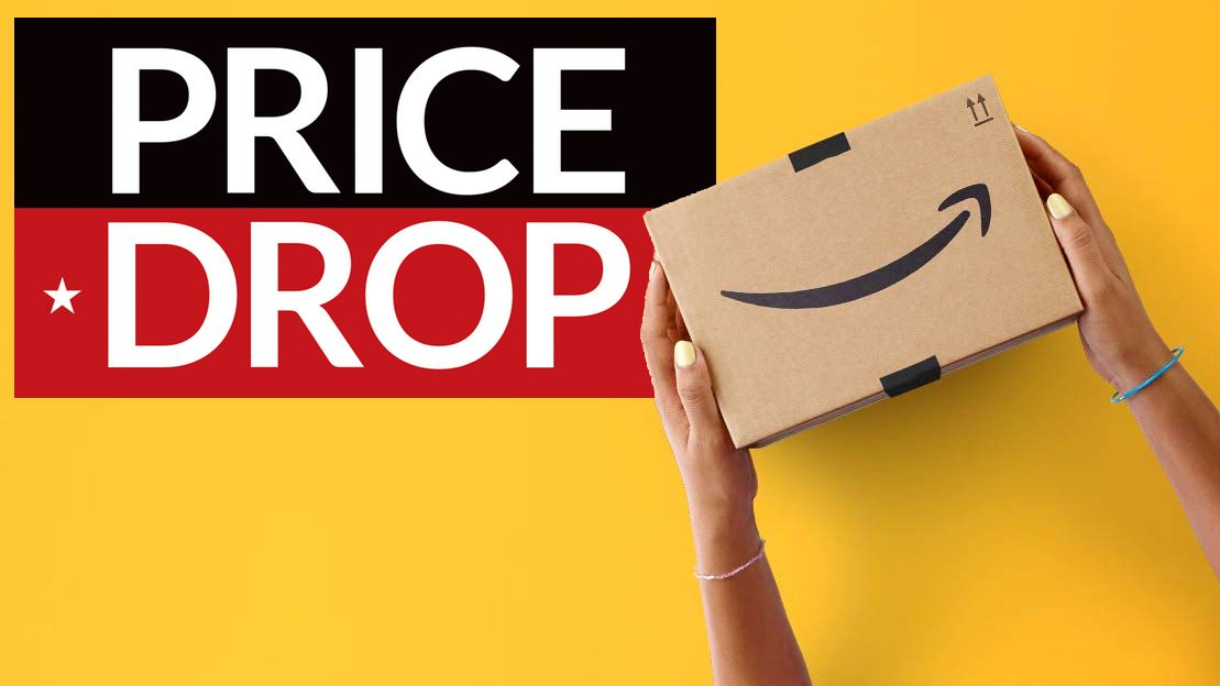 A hand holding an Amazon cardboard box with a price-drop badge