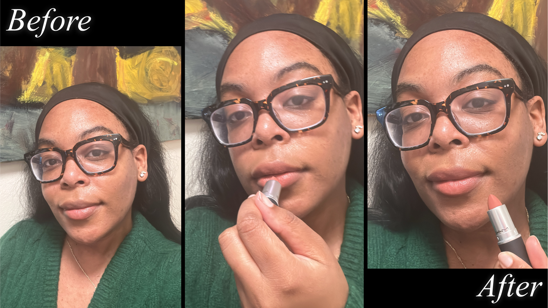 Ariel Baker testing M.A.C. Cosmetics Powder Kiss Lipstick in Mull It Over