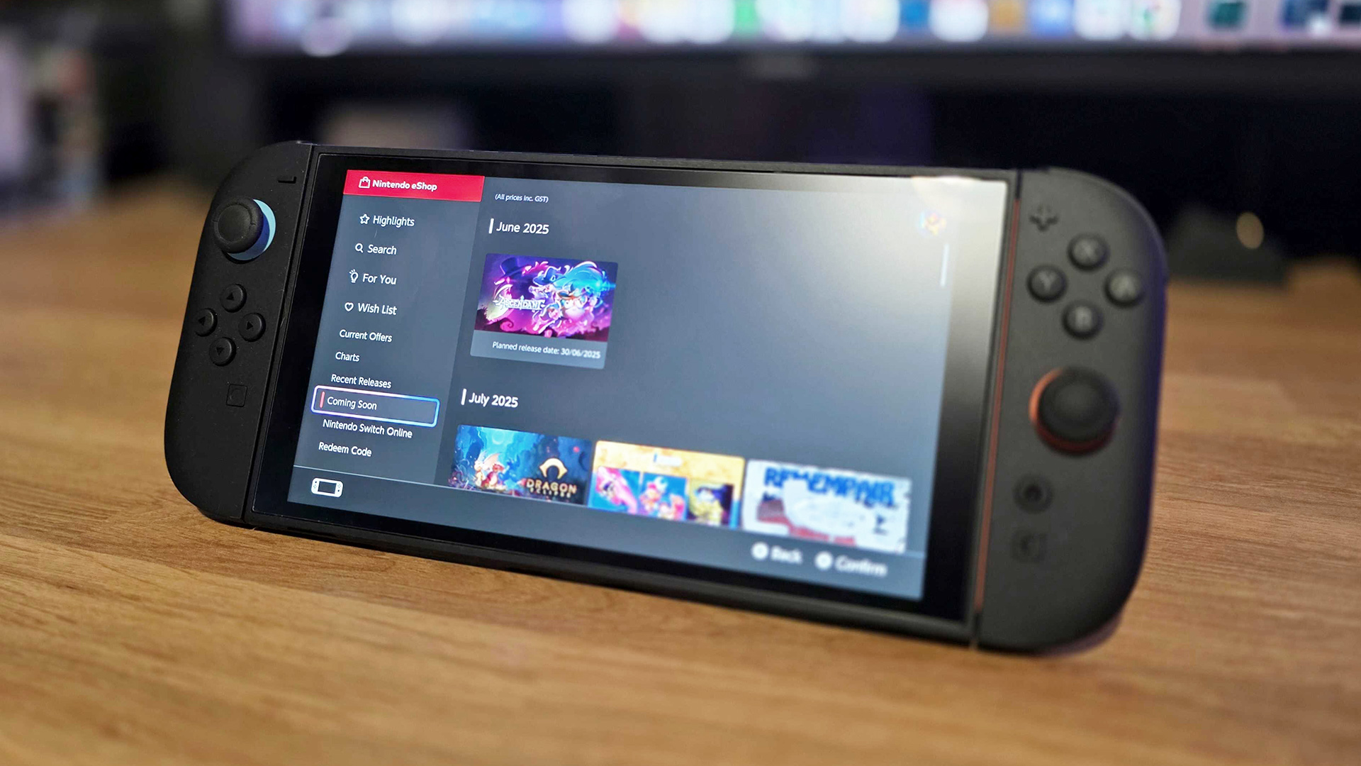 Nintendo Switch 2 sitting on desk with eShop on screen